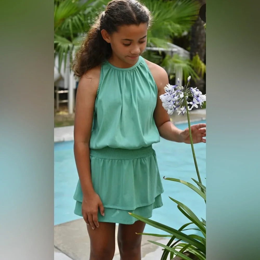 NWT Pleat. Wells Jade Green High Neck Sleeveless Dress Layered Skirt, girls 7